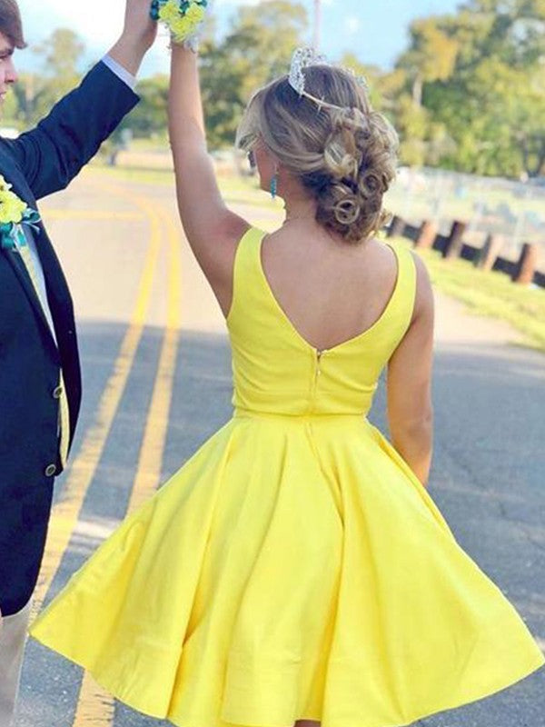 Vestidos cortos/mini de satén con volantes, escote en V, sin mangas, corte A/princesa